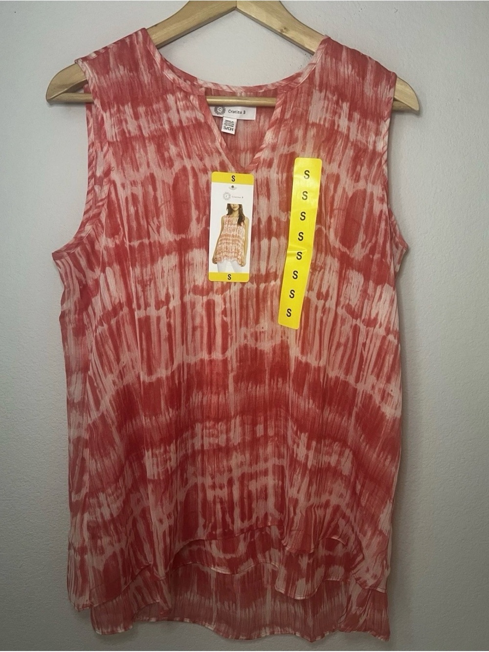 NWT Cristina B Tunic Tank Top Sz S Womans Red Tie Dye Sleeveless V-neck Layered